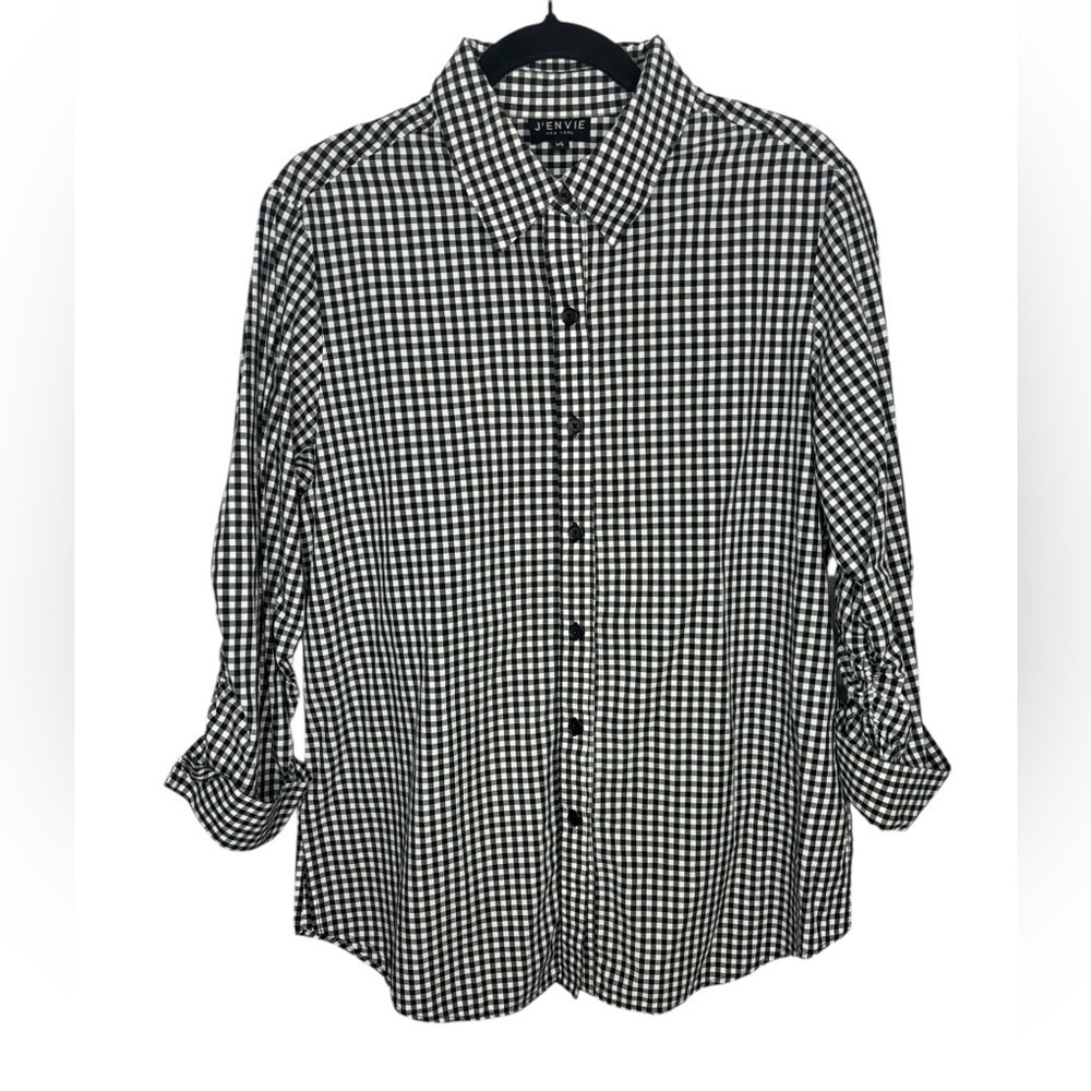 J’Envie New York Black White Cotton Gingham Lightweight Button Up Blouse Size 14